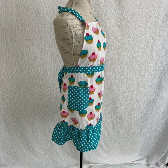 Gourmet Club Cupcake Print Cotton Apron With Polka Dot Ruffles & Pockets OSFM - Picture 2 of 8